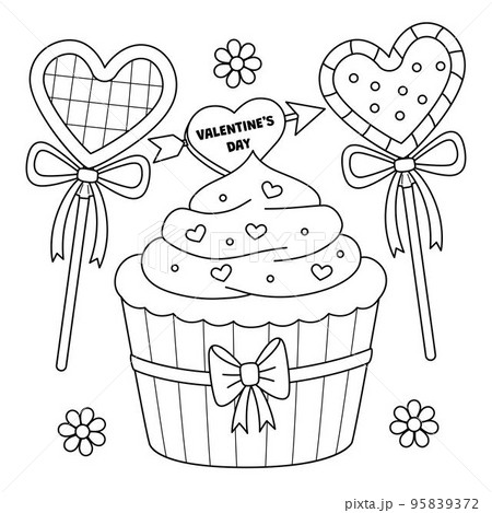 Valentines Day Cupcake and Candies Coloring Page  95839372