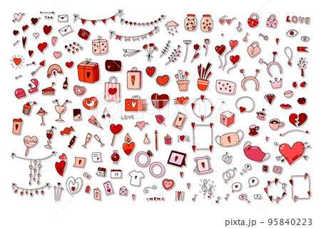 Doodle Valentines Day stickers set. Hand-drawn love symbols Doodle Valentines Day stickers set. Hand-drawn love symbols 95840223