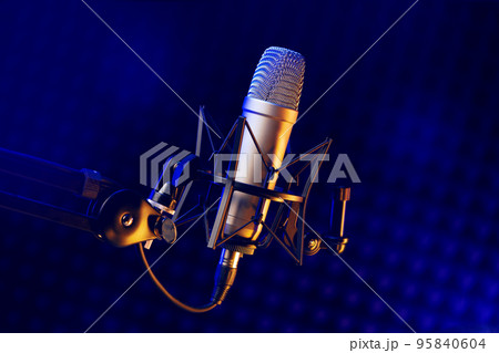 Close up of professional microphone in recording studio Close up of professional microphone in recording studio 95840604