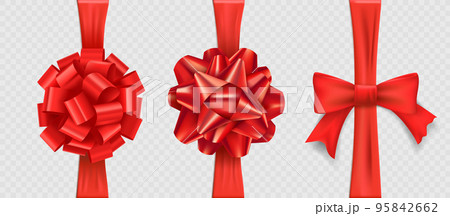 Collection of red ribbons with bows. 95842662