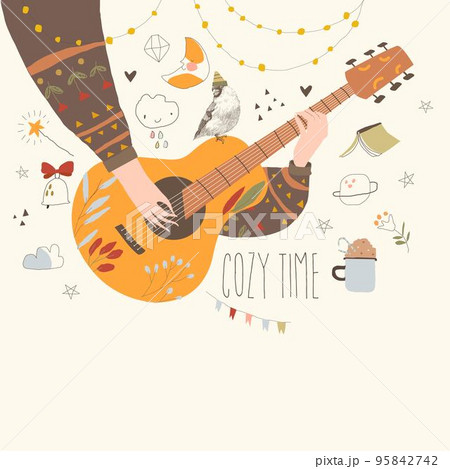 Cartoon Hands playing Guitar. Autumn Mood with Graphic Elements 95842742