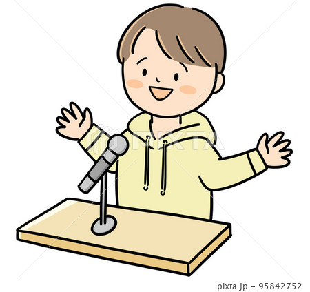 壇上でスピーチをしている男性 95842752