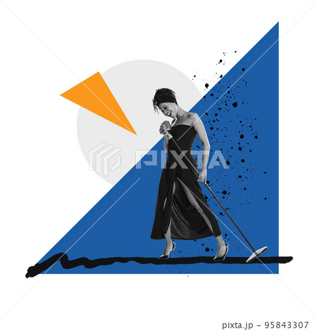 Contemporary art collage. Stylish african woman with long legs performing at jazz concert, singing. Creative design. Concept of creativity, retro style, surrealism, imagination. Copy space for ad Contemporary art collage. Stylish african woman with long legs performing at jazz concert, singing. Creative design. Concept of creativity, retro style, surrealism, imagination. Copy space for ad 95843307