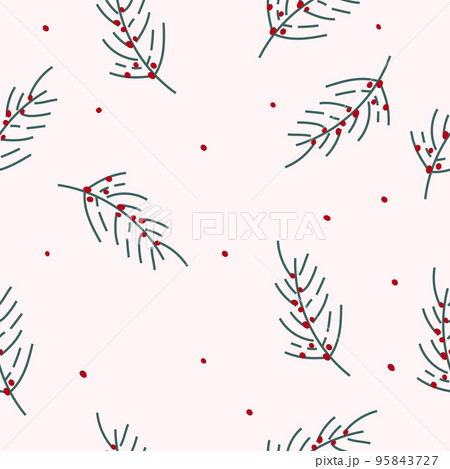 Christmas minimalism seamless patterns with branch holly and red berries. Bright winter pattern can be used as textile, fabric, wallpaper, banner and other. Vector 95843727