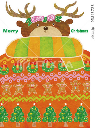 クリスマス柄のニット（セーター）を着たトナカイ　文字入り 95843728