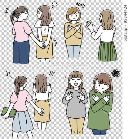 Sexual harassment between women Color illustration set of 4 Sexual harassment between women Color illustration set of 4 95844424