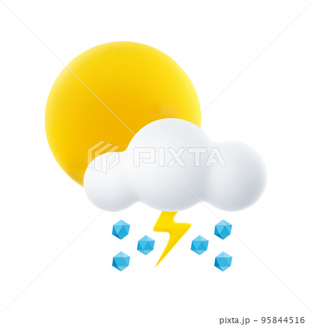 3D Cartoon Icon of Cloudy Weather with Hail and Thunderstorm. Sign of Cloud, Sun, Hailstones and Lightning Isolated on White Background. Vector Illustration of 3d Render. 95844516