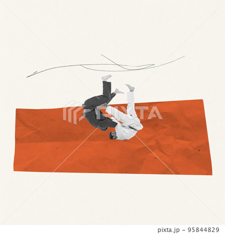 Creative design. Two men, professional judo athletes training, practising throws on drawn red carpet 95844829