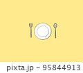 フォークとスプーンとお皿を並べたシンプルなイラスト　黄色 95844913