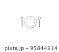 フォークとスプーンとお皿を並べたシンプルなイラスト　主線のみ 95844914