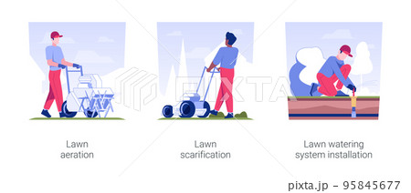 Lawn maintenance service isolated concept vector illustration set. Lawn aeration and scarification, watering system installation, meadow care, landscaping and gardening industry vector cartoon. 95845677