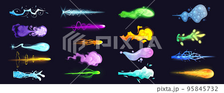 Vfx gun effect, space blasters laser or plasmic beams and rays, bomb explosion. Laser cartoon beam. Vector cartoon set of alien weapons attack effect with plasma rays, lightning, fireball and flash 95845732