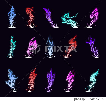 Lightning animation set with sparks. Cartoon lightning effect. Thunderbolt strike comic sprite asses for 2D game 95845733