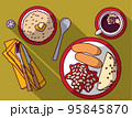 English breakfast scrambled eggs sausages coffee beans oatmeal 95845870