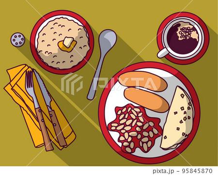 English breakfast scrambled eggs sausages coffee beans oatmeal 95845870