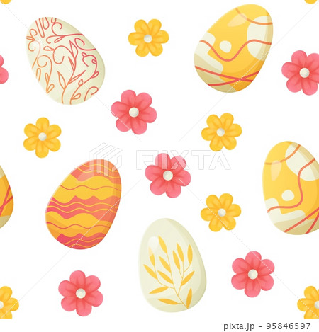 Easter egg seamless pattern. Texture with flowers. Can be used as easter hunt element for web banners, posters and web pages background, wallpaper, spring greeting cards. 95846597