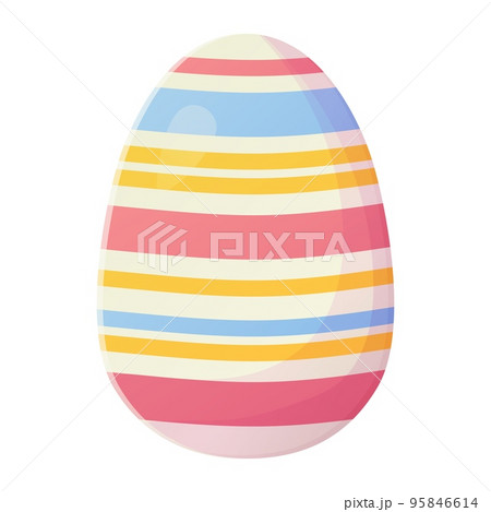 Cute realistic Easter egg painted with pink blue yellow lines. Can be used as easter hunt element for web banners, posters and web pages. Stock vector illustration in cartoon style isolated on white 95846614