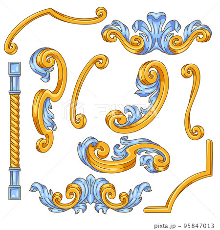 Decorative floral element set in baroque style. Golden curling plant. 95847013