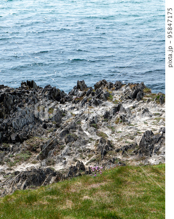 Rocks and grass. Seaside landscape. Picturesque coast. Black rock formation and green grass near body of water. Rocks and grass. Seaside landscape. Picturesque coast. Black rock formation and green grass near body of water. 95847175