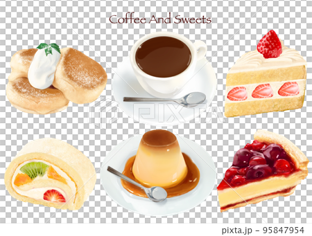 咖啡和蛋糕咖啡店套裝白背插圖-手繪材料 咖啡和蛋糕咖啡店套裝白背插圖-手繪材料 95847954