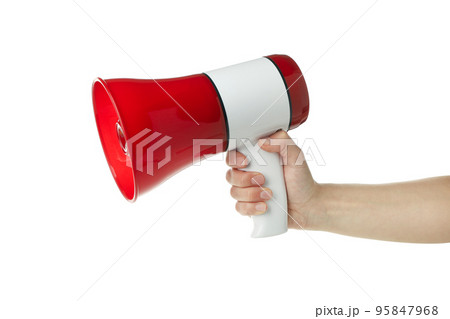Female hand holds megaphone, isolated on white background 95847968