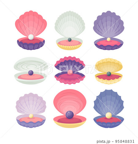 Cartoon Color Different Pearls Seashell Open View Icons Set Flat Design Style. Vector illustration of Pearl Shell 95848831