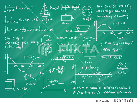 Math Science Formulas Thin Line on a Green Blackboard Background. Vector illustration of Education or Science Concept 95848833