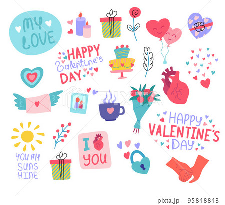 Cartoon Color Different Cute Valentines Day Labels Badges Stickers Set Romantic Concept Flat Design Style. Vector illustration Cartoon Color Different Cute Valentines Day Labels Badges Stickers Set Romantic Concept Flat Design Style. Vector illustration 95848843