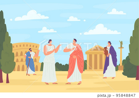 Cartoon Color Characters People and Ancient Roman Concept on a Historical Landscape Scene Flat Design Style. Vector illustration 95848847