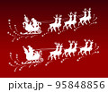 Santa Claus and gifts in sleigh with reindeer pulling the sleigh on red background. 95848856