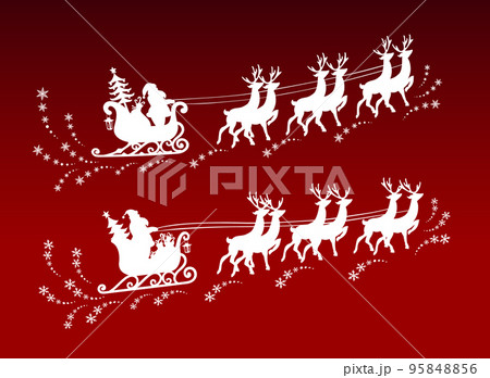 Santa Claus and gifts in sleigh with reindeer pulling the sleigh on red background. 95848856