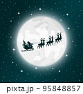 Santa Claus and gifts in sleigh with reindeer pulling the sleigh on the moon background. 95848857