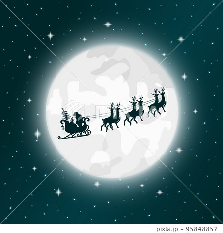 Santa Claus and gifts in sleigh with reindeer pulling the sleigh on the moon background. Santa Claus and gifts in sleigh with reindeer pulling the sleigh on the moon background. 95848857