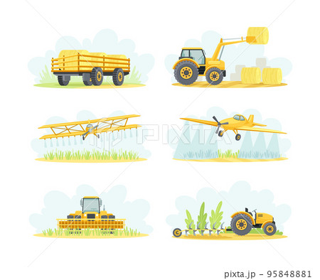 Agricultural Farming Machinery with Tractor, Plow, Harvester and Airplane Spraying Field Vector Set 95848881