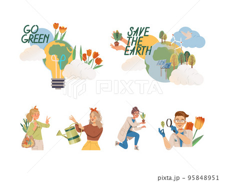 Save the Earth. People taking care of Earth, using eco bag and gardening set vector illustration Save the Earth. People taking care of Earth, using eco bag and gardening set vector illustration 95848951