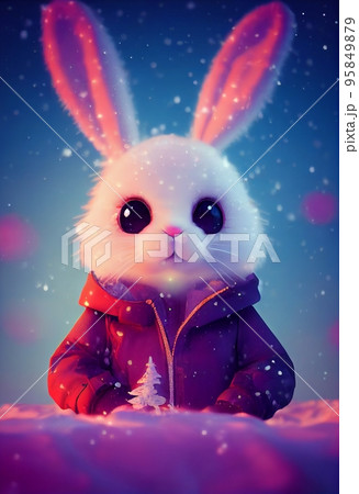 New Year and Christmas congratulation postcard with fluffy rabbit in cartoon style. Winter holidays celebration card with a year symbol, copy space. Happy New Year and Merry Xmas greeting 2023 New Year and Christmas congratulation postcard with fluffy rabbit in cartoon style. Winter holidays celebration card with a year symbol, copy space. Happy New Year and Merry Xmas greeting 2023 95849879