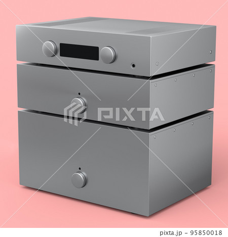 HiFi system with turntable and amplifier for home theater on pink background. 95850018