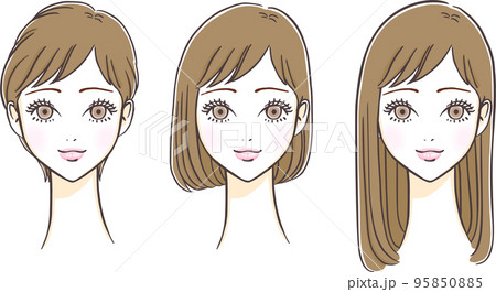 ショートヘアとミディアムヘアとロングヘアのイラストセット ショートヘアとミディアムヘアとロングヘアのイラストセット 95850885