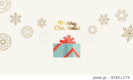A Christmas gift card with golden snowflakes - modern flat vector concept illustration of a present box with a ribbon, stars and snow golden elements 95851179