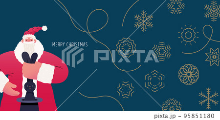 Santa Claus and the black Rabbit -Christmas and New Year web banner -modern flat vector concept illustration of Santa Claus and Chinese year of the Rabbit zodiac sign, magician pulls rabbit out of hat 95851180