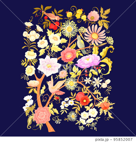 Fantasy flowers and birds in retro, vintage, jacobean embroidery style. Fantasy flowers and birds in retro, vintage, jacobean embroidery style. 95852007