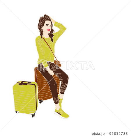 The girl sits on a suitcase and waits. Vector illustration in a flat style. The girl sits on a suitcase and waits. Vector illustration in a flat style. 95852788