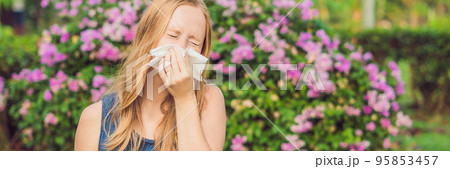 Pollen allergy concept. Young woman is going to sneeze. Flowering trees in background BANNER, long format Pollen allergy concept. Young woman is going to sneeze. Flowering trees in background BANNER, long format 95853457