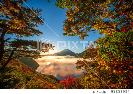 日の出に輝く紅葉と雲海の本栖湖と富士山 95853934