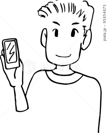 スマホを持つお父さん 線画 モノクロのイラスト素材