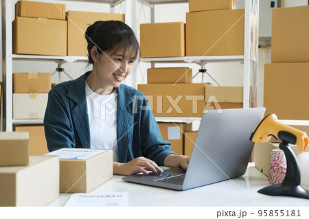 Youn female small business entrepreneur working on laptop. 95855181