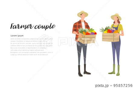 ベクターイラスト素材：野菜、農作物を収穫する男性と女性 95857256
