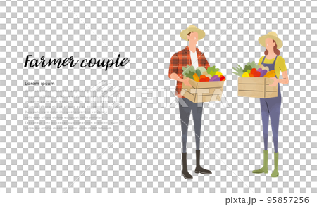 ベクターイラスト素材：野菜、農作物を収穫する男性と女性 95857256