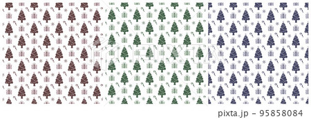 Set of Christmas Background Seamless Pattern Design With Santa Claus, Tree, Snowman And Gifts in Template Hand Drawn Cartoon Flat Illustration 95858084