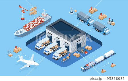 3D isometric Smart logistics concept with Warehouse Logistic, Workers loading products, transportation truck use wireless technoloty. Eps10 vector illustration 95858085